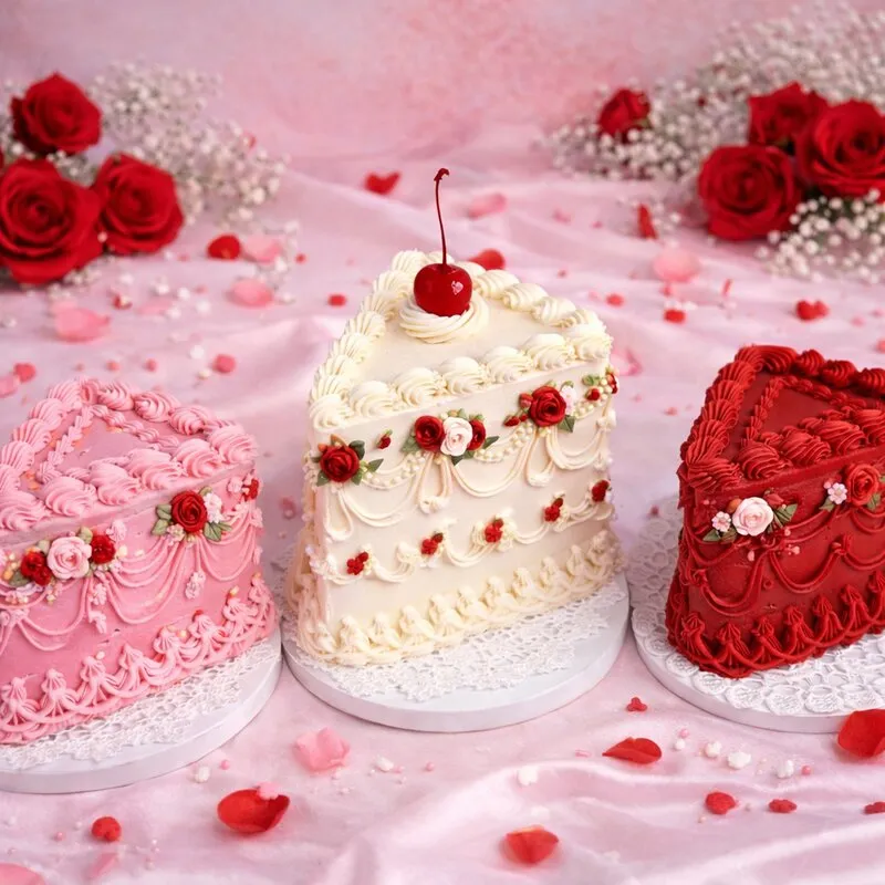 Heart cake trio — pink, cream and red