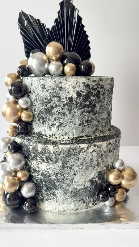 Metallic silver and gold two-tier cake